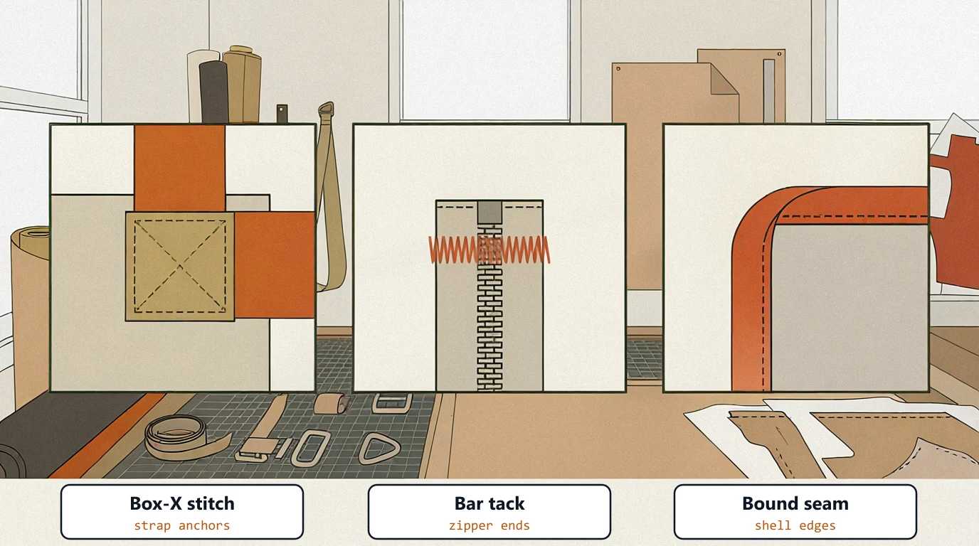 Three sewing diagrams side by side: a box-X stitch on a strap anchor, a bar tack across a zipper end, and a bound seam wrapping a fabric edge
