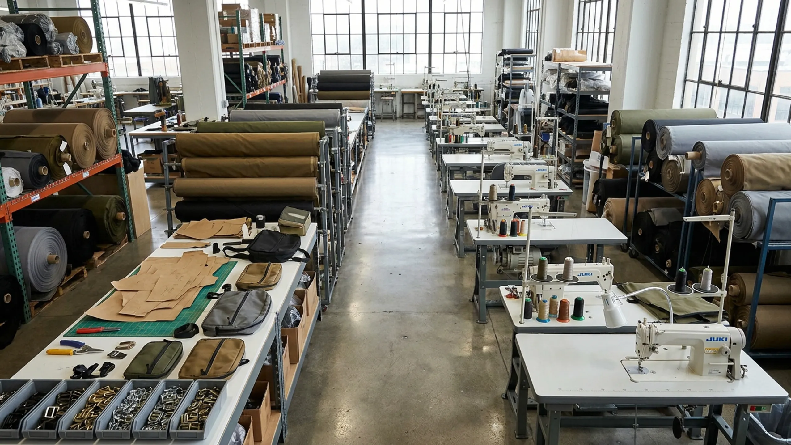 Center aisle of a soft goods factory with industrial sewing stations and rolls of technical fabric staged on racks