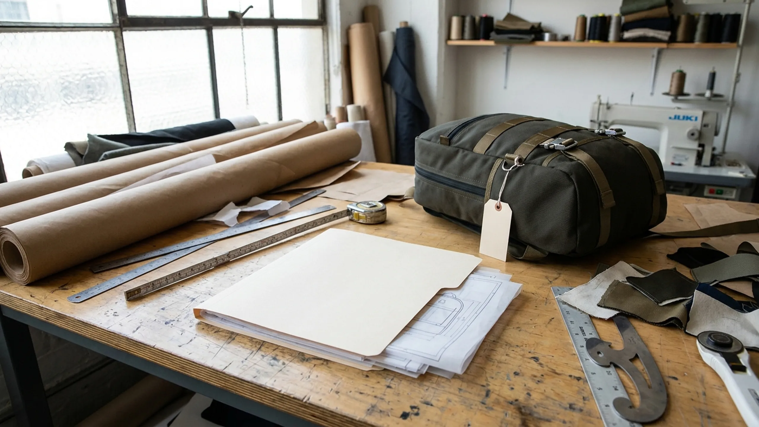 Patent application paperwork and a tagged technical backpack prototype on a design studio workbench